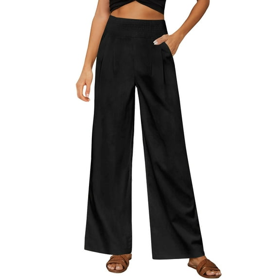 AherBiu Business Casual Pants for Women Smocked High Waisted Straight Wide Leg Work Trousers with Pockets