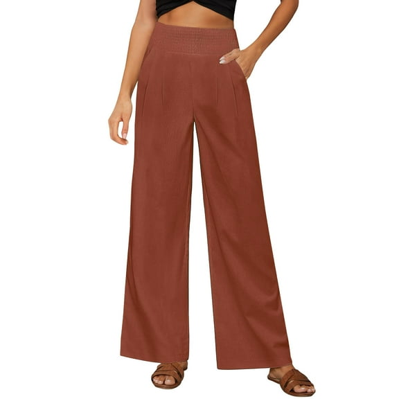 AherBiu Business Casual Pants for Women Smocked High Waisted Straight Wide Leg Work Trousers with Pockets