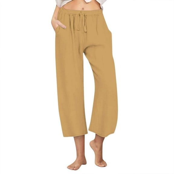 AherBiu Capri Pants for Women Straight Wide Leg Lightweight Drawstring High Waisted Summer Casual Loose Capris with Pockets