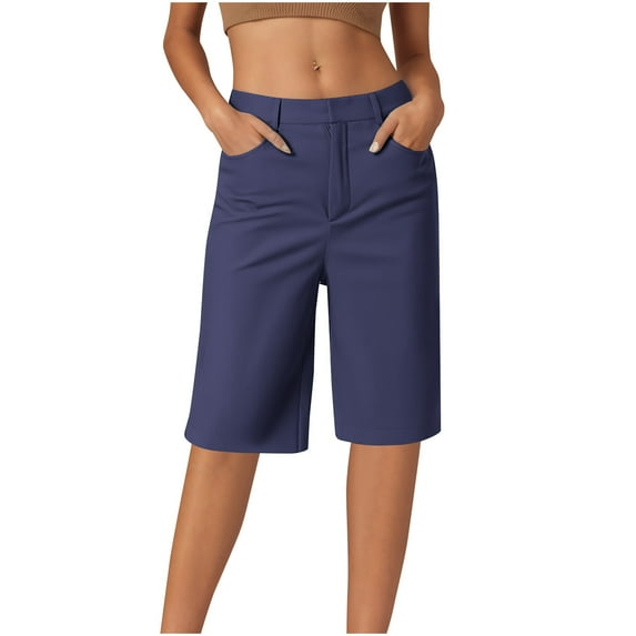 AherBiu Business Casual Shorts for Women Knee Length Straight Leg 1/2 Length Formal Work Pants with Pockets