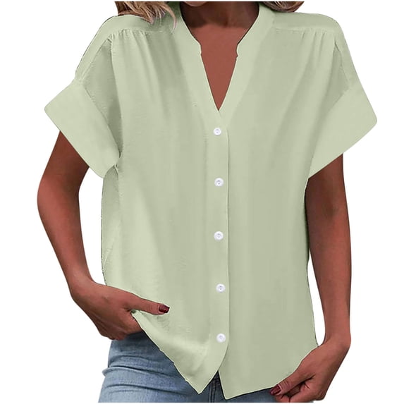AherBiu Business Casual Tops for Women Button down Notch V Neck Shirts Short Sleeve Summer Top Blouse