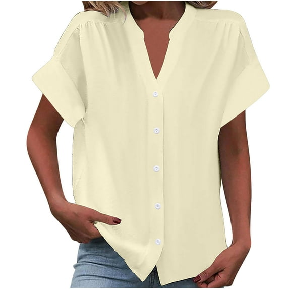 AherBiu Business Casual Tops for Women Button down Notch V Neck Shirts Short Sleeve Summer Top Blouse