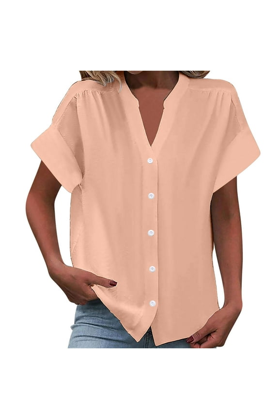 Business Casual Tops for Women Button down Notch V Neck Shirts Short Sleeve Summer Top Blouse