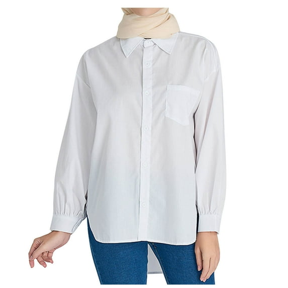 AherBiu Business Casual Tops for Women Long Sleeve Button Down Shirts Oversized Lapel V Neck High Low Blouse