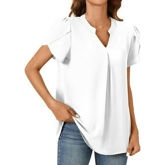 AherBiu Business Casual Tops for Women Petal Short Sleeve Notch V Neck Dressy Blouse Office Ladies Work Shirts