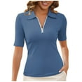 thumbnail image 1 of AherBiu Business Casual Tops for Women Quarter Zipper Lapel V Neck Short Sleeve Slim Fitted Shirts Blouse, 1 of 7