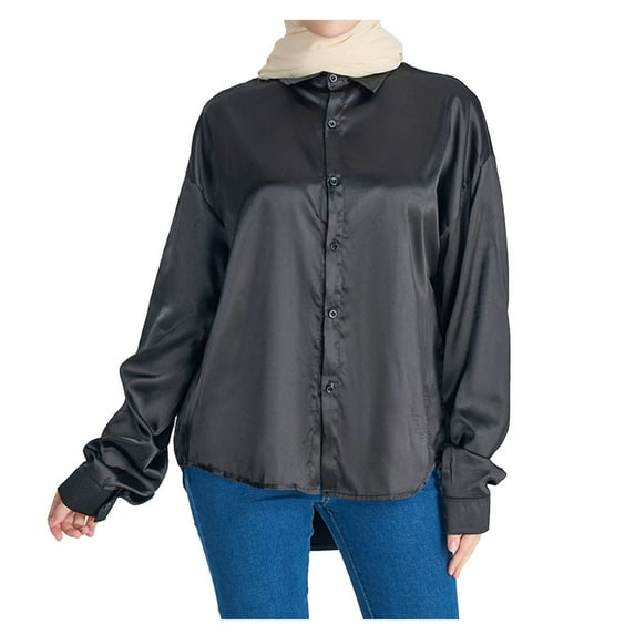 AherBiu Business Casual Tops for Women Satin Long Sleeve Button Down Shirts Elegant Ladies Lapel V Neck High Low Blouse