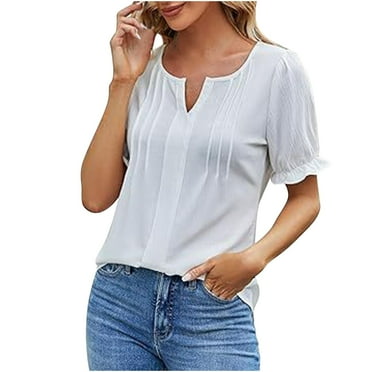 AherBiu Business Casual Tops for Women Short Sleeve Notch V Neck Work Blouse Shirts Solid Color