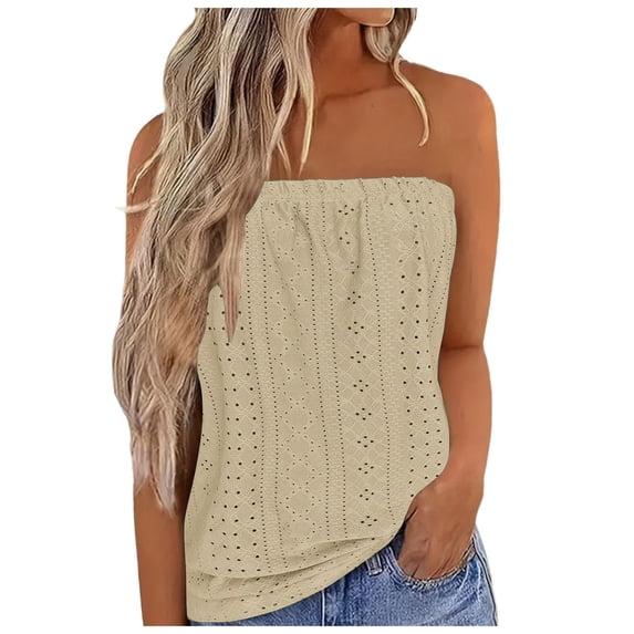 AherBiu Boho Tube Tops for Women off Shoulder Sleeveless Elastic Eyelet Hole Vacation Summer Tank Top Shirts