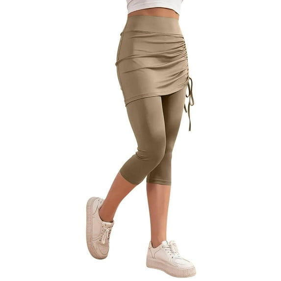 AherBiu Capri Pants for Women 2 in 1 Yoga Capris Leggings Side Drawstring Stretch High Waisted Activewear