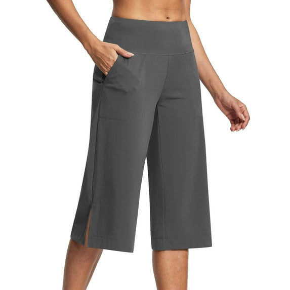 AherBiu Capri Pants for Women Slit Straight Leg Stretch 3/4 Length Yoga Pants High Waisted Capris with Pockets