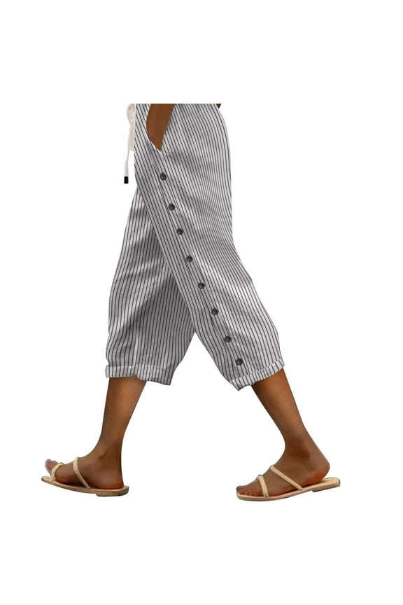 Capri Pants for Women Striped High Waisted Summer Casual Fitting Lightweight Lounge Capris with Pockets