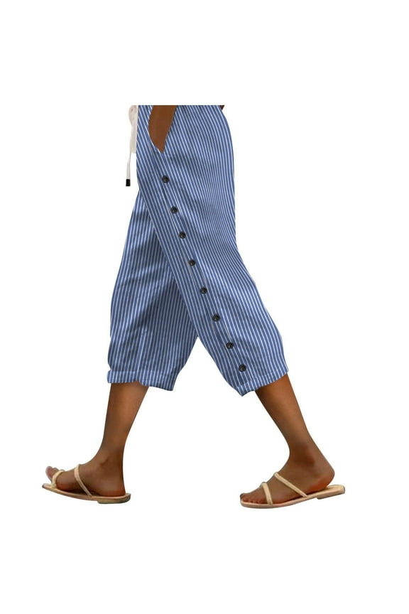 Capri Pants for Women Striped High Waisted Summer Casual Fitting Lightweight Lounge Capris with Pockets