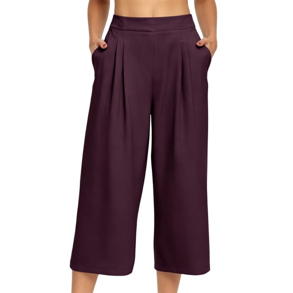 AherBiu Capri Pants for Women Wide Leg Ruched Flowy High Waisted Summer Casual Loose Beach Vacation Capris