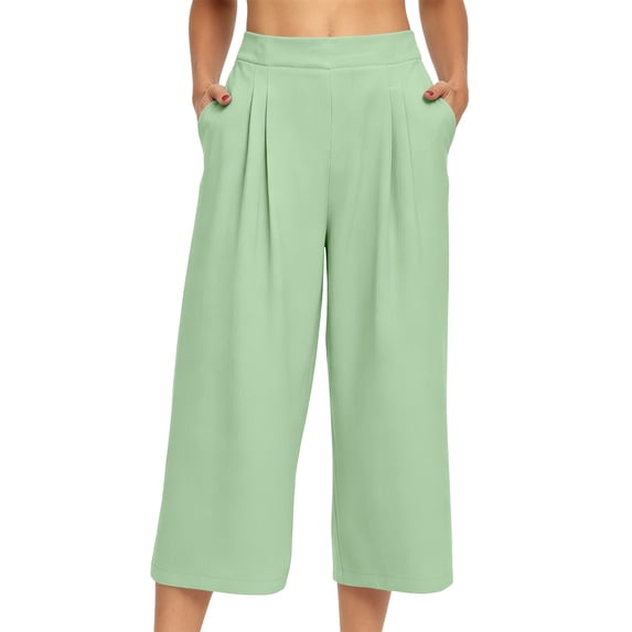 AherBiu Capri Pants for Women Wide Leg Ruched Flowy High Waisted Summer Casual Loose Beach Vacation Capris