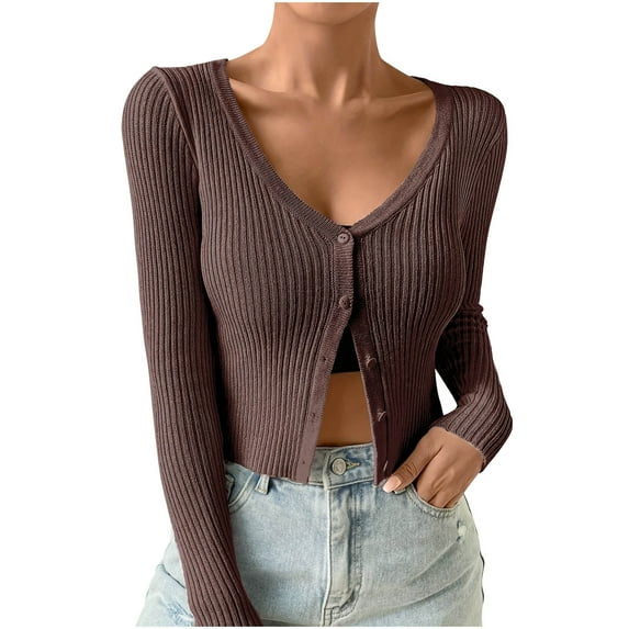 AherBiu Cardigan for Women Cropped Button down V Neck Ribble Knitted Long Sleeve Slim Fitted Sweater Tops