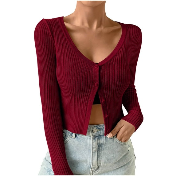 AherBiu Cardigan for Women Cropped Button down V Neck Ribble Knitted Long Sleeve Slim Fitted Sweater Tops