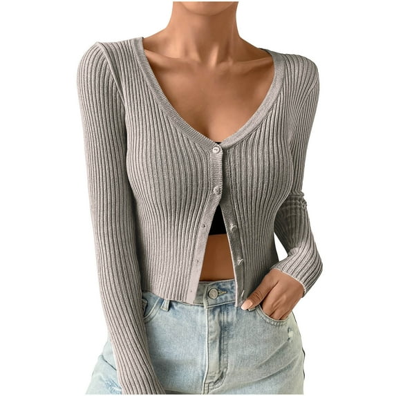 AherBiu Cardigan for Women Cropped Button down V Neck Ribble Knitted Long Sleeve Slim Fitted Sweater Tops