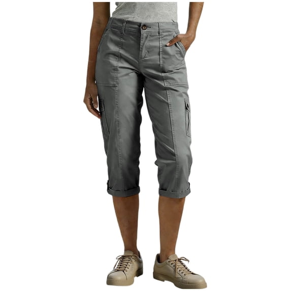 AherBiu Cargo Capri Pants for Women Button High Waisted Straight Leg Roll-Up Hem Hiking Capris with Pockets