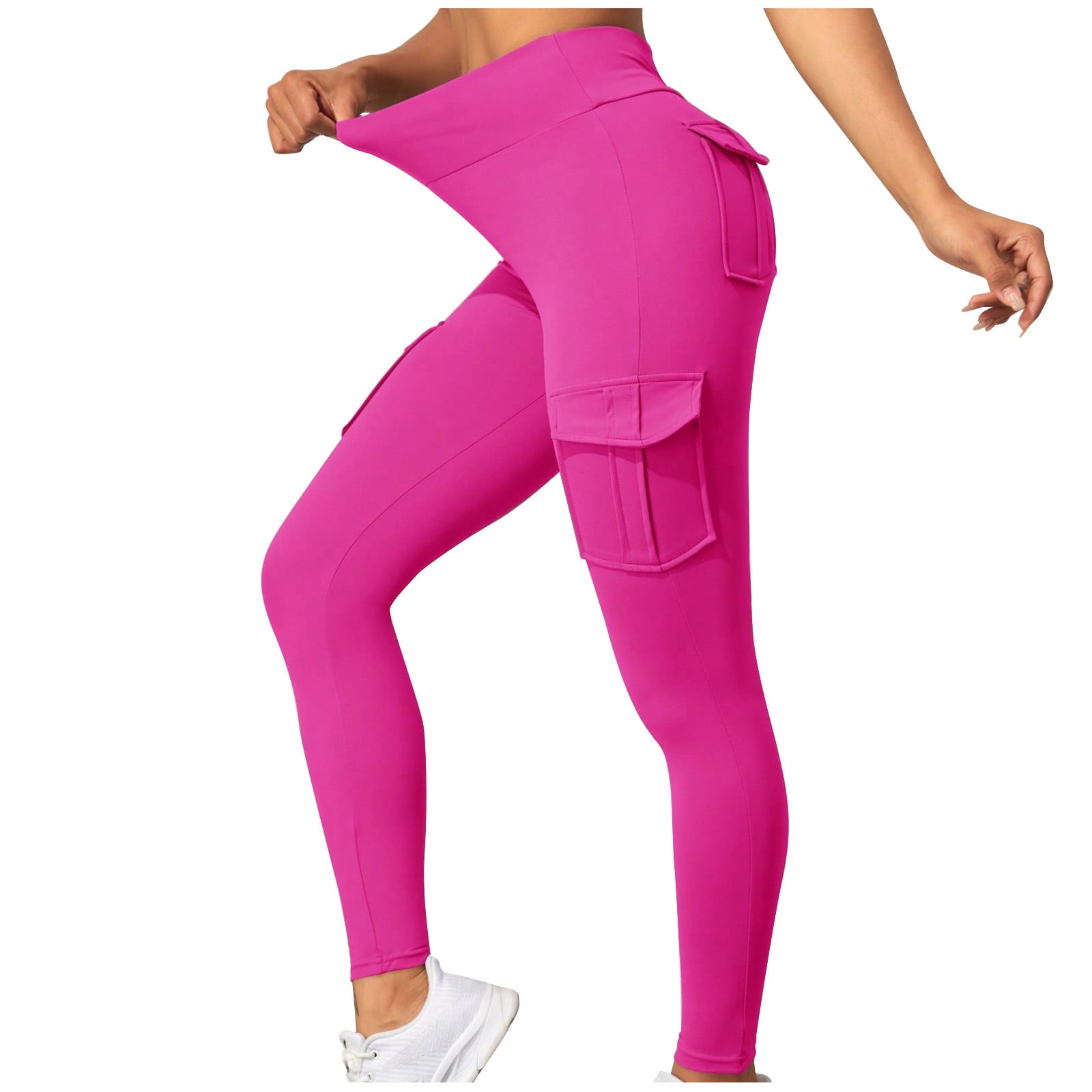 QUYUON Womens Cargo Capris with Pockets Stretch Yoga Leggings Fitness  Running Gym Sports Pockets Active Pants Women's Cargo Capris Female Capris  Style Q427 , Pink X-Large 