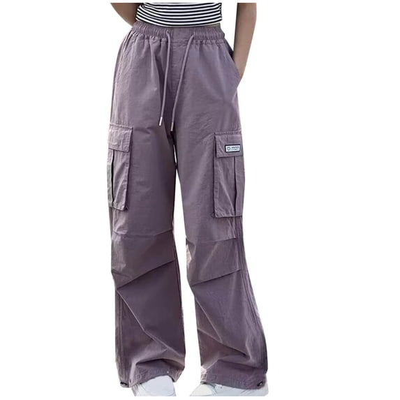 AherBiu Cargo Pants for Girls Kids Teens Drawstring High Waisted Straight Leg Loose Trousers with Multi Pockets
