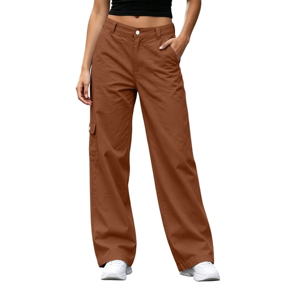 AherBiu Cargo Pants for Women Button Mid Rise Straight Leg Streetwear Juniors Cargos Loose Fitted Hiking Pants with Pockets(Small,Brown)