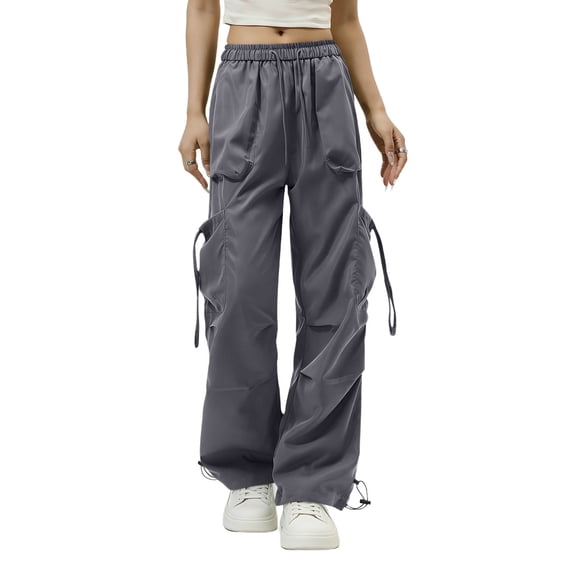 AherBiu Cargo Pants for Women Drawstring Elastic High Waisted Casual Loose Fitted Juniors Hiking Cargos with Multi Pockets