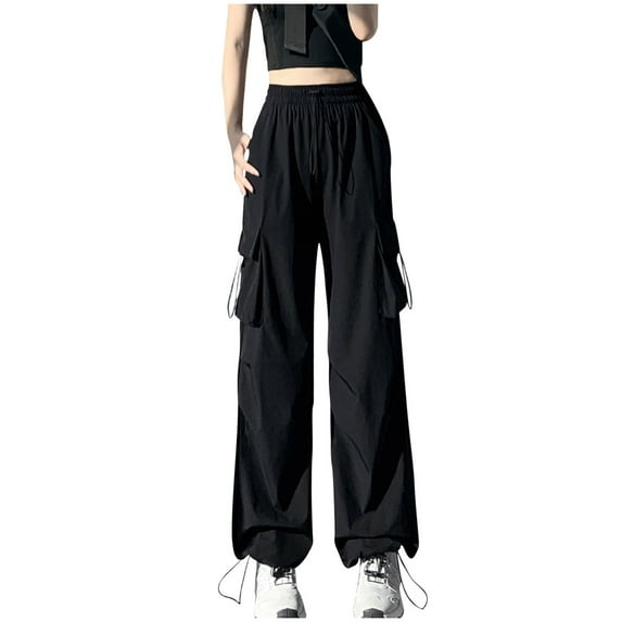 AherBiu Cargo Pants for Women Drawstring Elastic High Waisted Straight Leg Juniors Streetwear Hiking Trousers with Pockets
