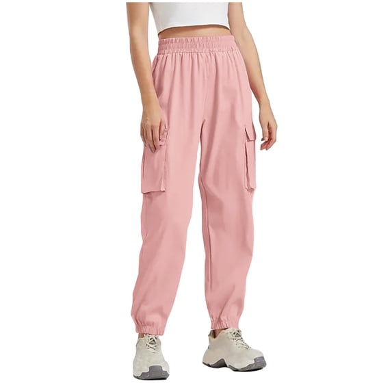 AherBiu Cargo Pants for Women Elastic High Waisted Hiking Cinch Bottom Sweatpants Joggers with Multi Pockets