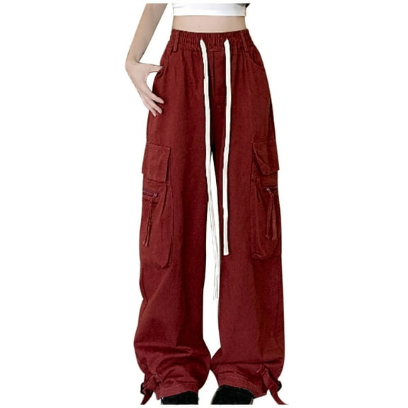 AherBiu Cargo Pants for Women Juniors Plus Size Drawstring High Waisted Straight Leg Streetwear Hiking Trousers