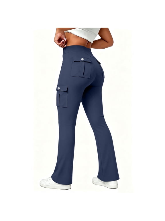 Cargo Pants for Women Micro-Flare Yoga Pants High Waisted Stretch Athletic Workout Bootcut Pants with Multi Pockets