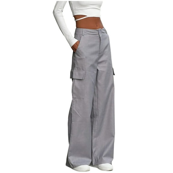 AherBiu Cargo Pants for Women Straight Leg High Waisted Streetwear Juniors Cargos Casual Trousers with Pockets