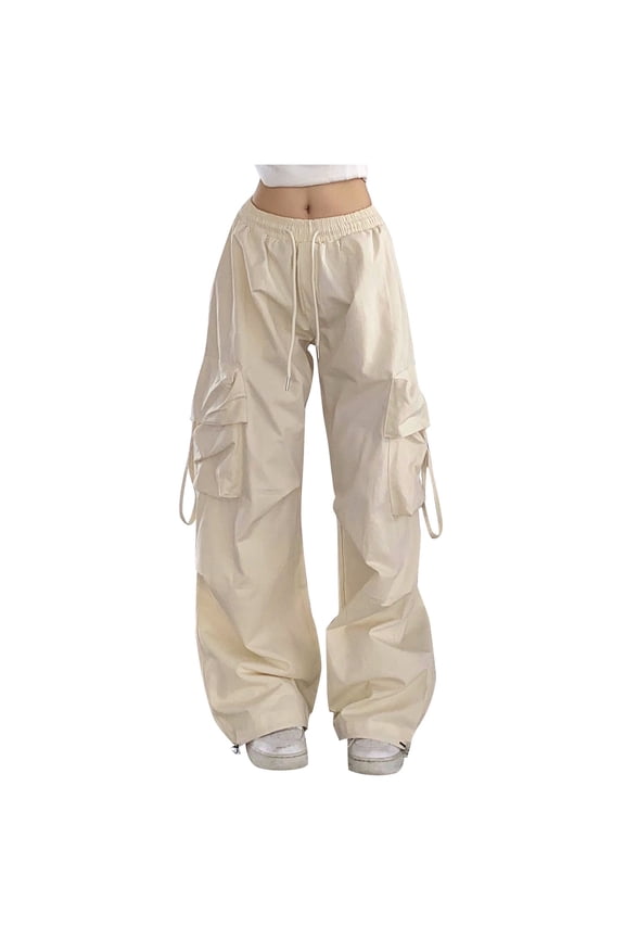 Cargo Pants for Women Straight Wide Leg Stretchy Drawstring High Waisted Classic Cargos Trousers