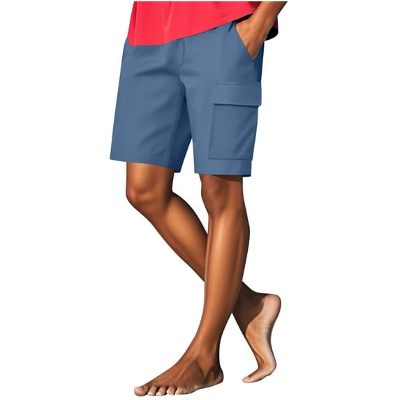 AherBiu Cargo Shorts for Women Knee Length Elastic High Waisted Wide Leg Summer Casual Shorts with Pockets