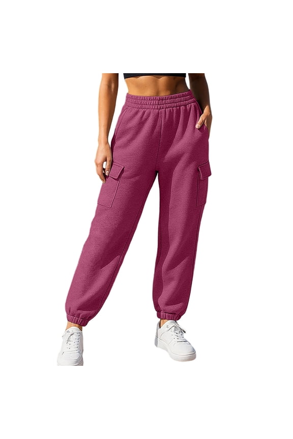 Cargo Sweatpants for Women Casual Warm Elastic High Waisted Loose Fitted Cinch Bottom Joggers Pants with Multi Pockets(Large,Hot Pink)