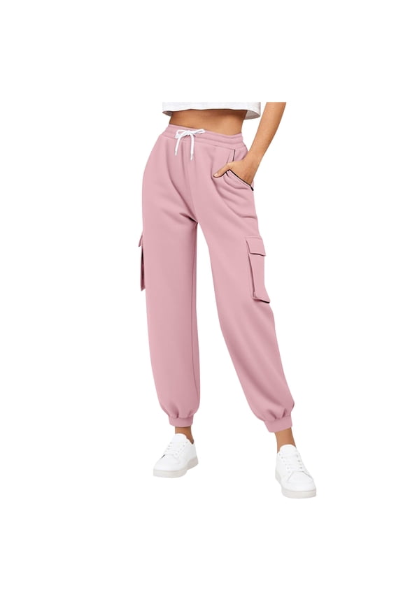 Cargo Sweatpants for Women Drawstring Elastic High Waisted Sweat Cinch Bottom Joggers Pants with Multi Pockets(XX-Large,Pink)