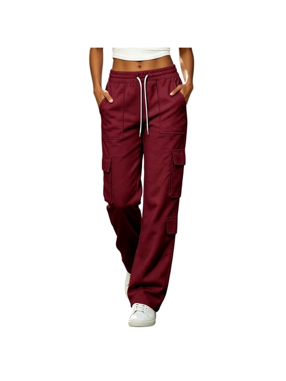 Cargo Sweatpants for Women Drawstring Elastic Waisted Straight Leg Athletic Casual Pants with Multi Pockets