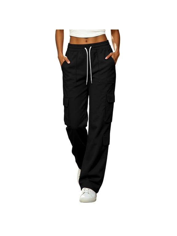 Cargo Sweatpants for Women Drawstring Elastic Waisted Straight Leg Athletic Casual Pants with Multi Pockets
