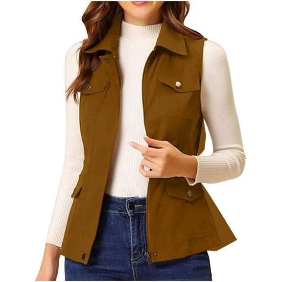 AherBiu Cargo Vest for Women Button down Lapel Sleeveless Jackets Waistcoats with Multi Pockets