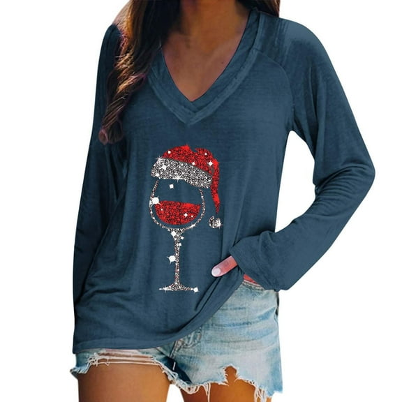 AherBiu Christmas Tops for Women Long Sleeve V Neck Printed Loose Comfy Basic Layer T Shirts Blouse