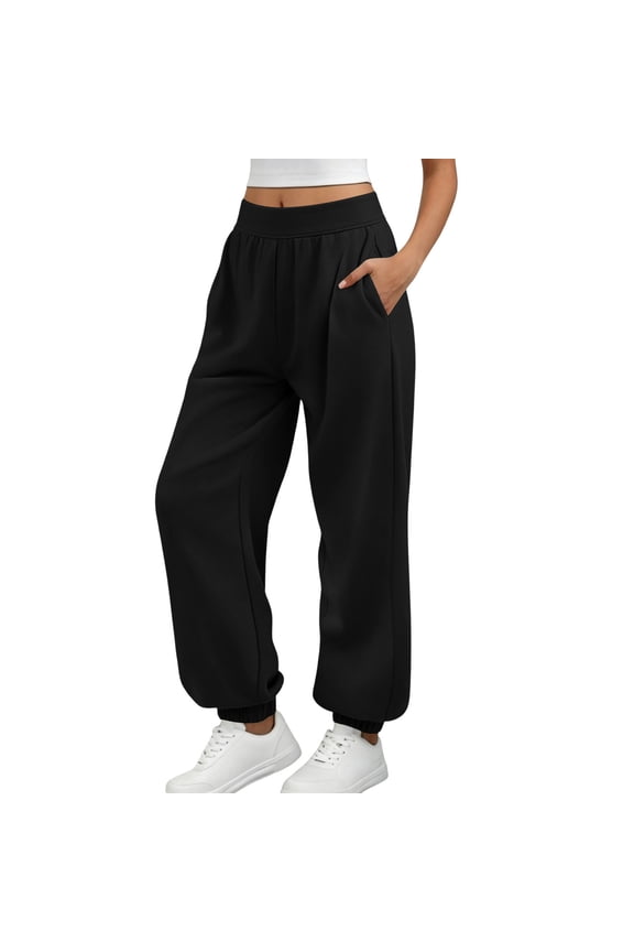 Cinch Bottom Sweatpants for Women Stretch Waisted Baggy Loose Workout Yoga Jogging Pants with Pockets(Large,Black)