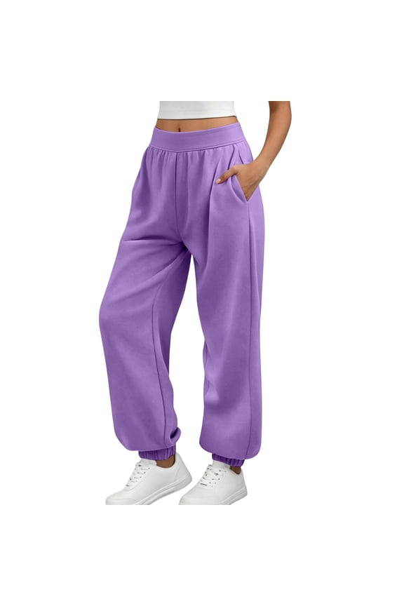 Cinch Bottom Sweatpants for Women Stretch Waisted Baggy Loose Workout Yoga Jogging Pants with Pockets(Large,Purple)