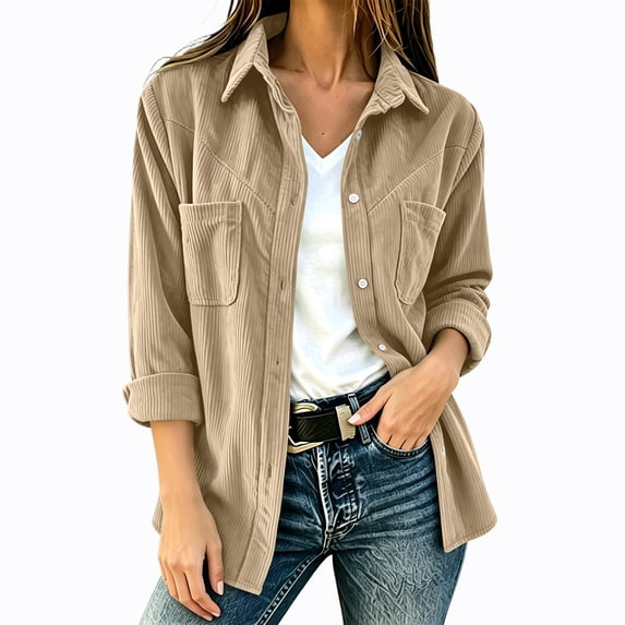 AherBiu Corduroy Shacket for Women Button down Shirt Lapel Collared Open Front Vintage Long Sleeve Tops with Pocket(Medium,Khaki)