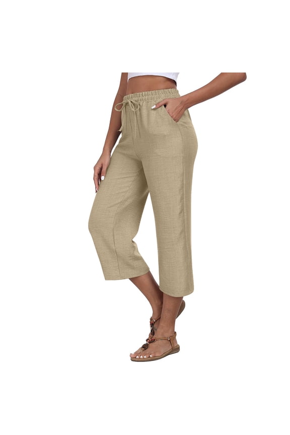 Cotton Linen Capri Pants for Women Lightweight Summer Capirs with Pockets Elastic High Waisted Straight Leg Capris
