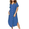 thumbnail image 1 of AherBiu Cotton Linen Dresses for Women Button down Shirt Lapel V Neck Short Sleeve Lightweight Long Summer Dress, 1 of 5