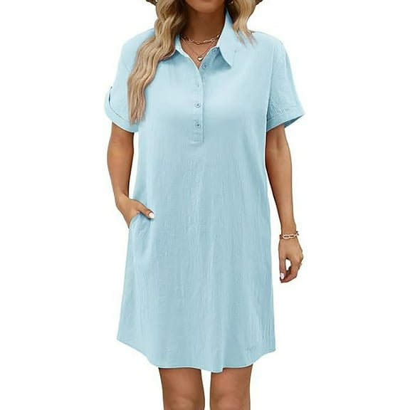 AherBiu Cotton Linen Dresses for Women Short Sleeve 1/4 Button Lapel V Neck Summer Lightweight Dress with Pockets