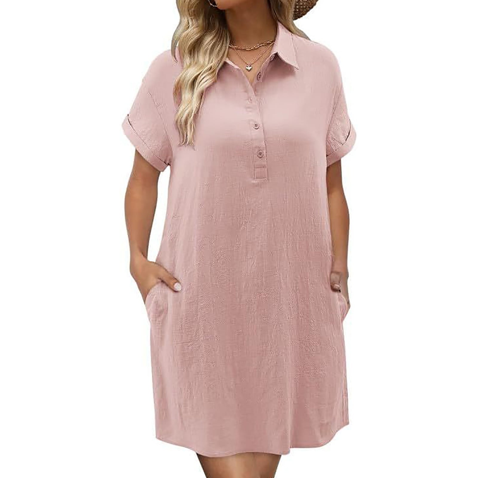 AherBiu Cotton Linen Dresses for Women Short Sleeve 1/4 Button Lapel V ...