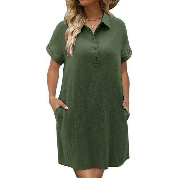 AherBiu Cotton Linen Dresses for Women Short Sleeve 1/4 Button Lapel V Neck Summer Lightweight Dress with Pockets