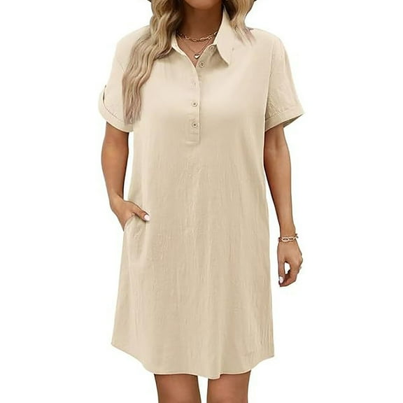 AherBiu Cotton Linen Dresses for Women Short Sleeve 1/4 Button Lapel V Neck Summer Lightweight Dress with Pockets