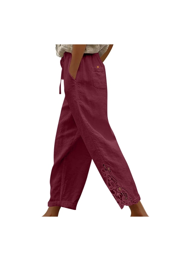 Cotton Linen Pants for Women Crochet Lace Bottom Side Straight Leg Elastic High Waisted Cropped Pants with Pockets